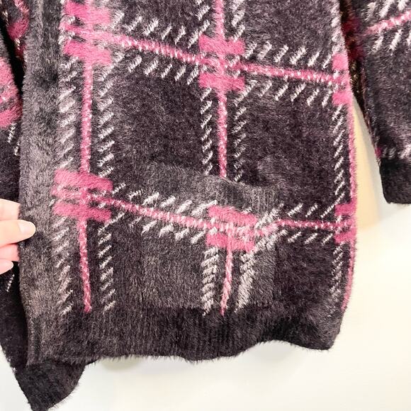 1 State Cardigan Womens XL Black Purple Plaid Long Sleeve Open Front Fuzzy Fur - Picture 4 of 7